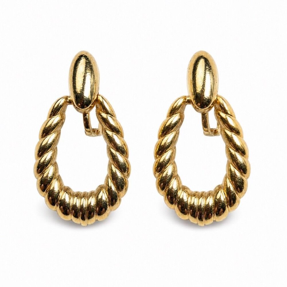 Vintage 1980s Gold Tone Twisted Rope Door Knocker Clip On Statement Earrings
